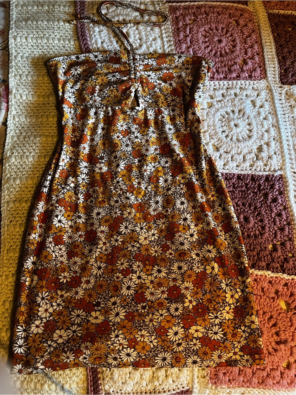 Ardene Floral Halter Mini Dress in Brown and Cream